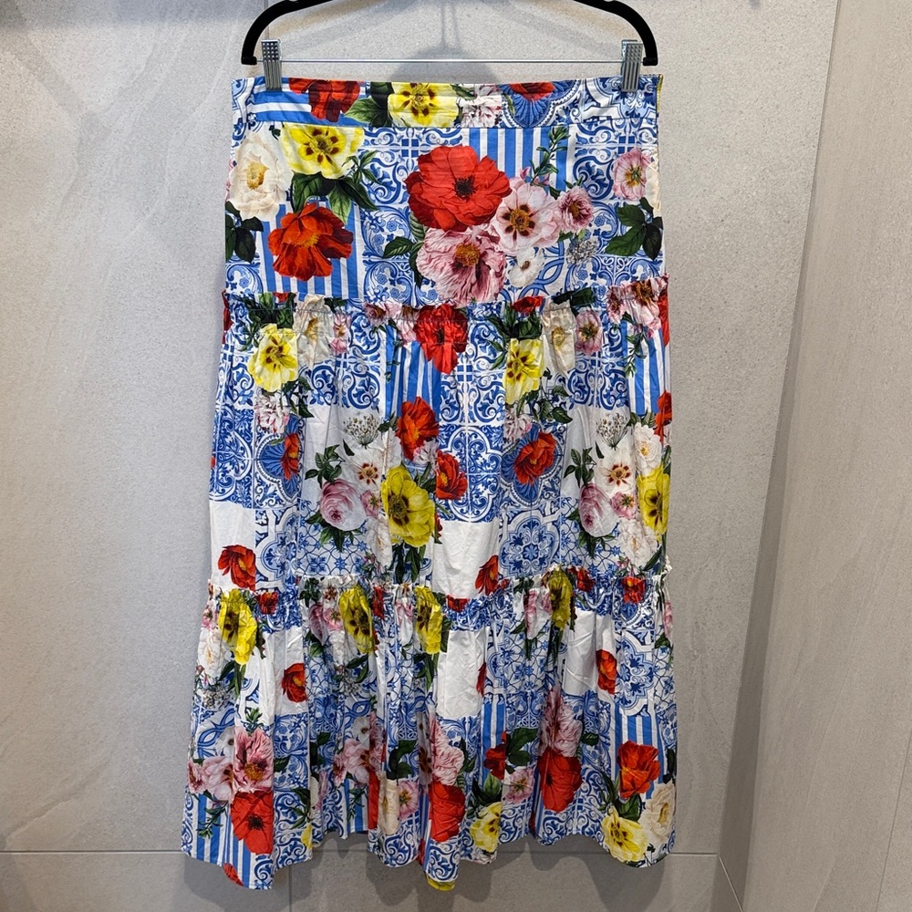 Boston Proper Blue Multi Floral Tile Tiered Maxi Skirt